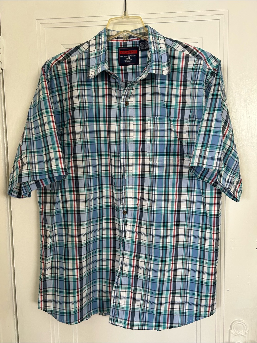 Men’s Architect Shirt XL Short Sleeve Plaid Check Button Down Collar Blue Multi